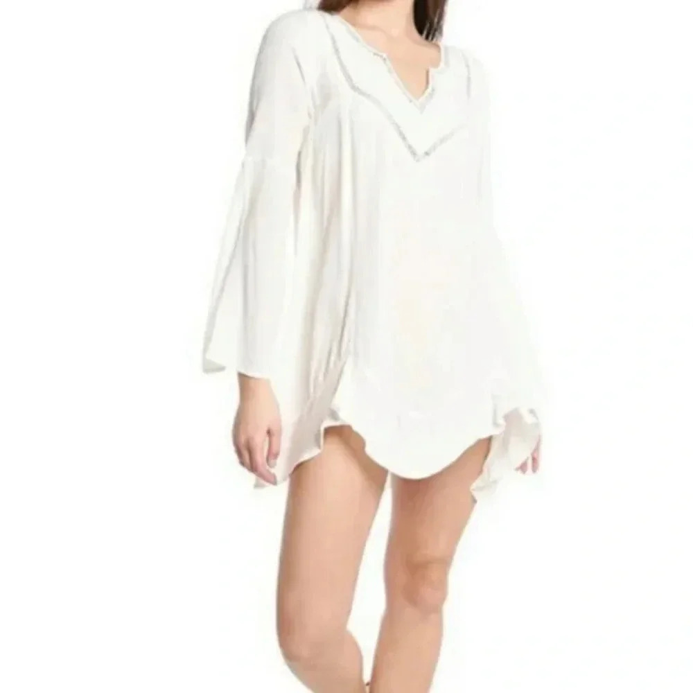 L*Space white bell sleeve v-neck swim cover up tunic top
